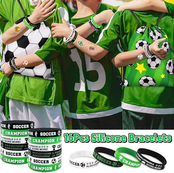 98Pcs Soccer Party Favors, Soccer Drawstring Bags with Silicone Bracelet Soccer Whistles Stickers Soccer Goodie Bags for Soccer Party Decorations Party Supplies