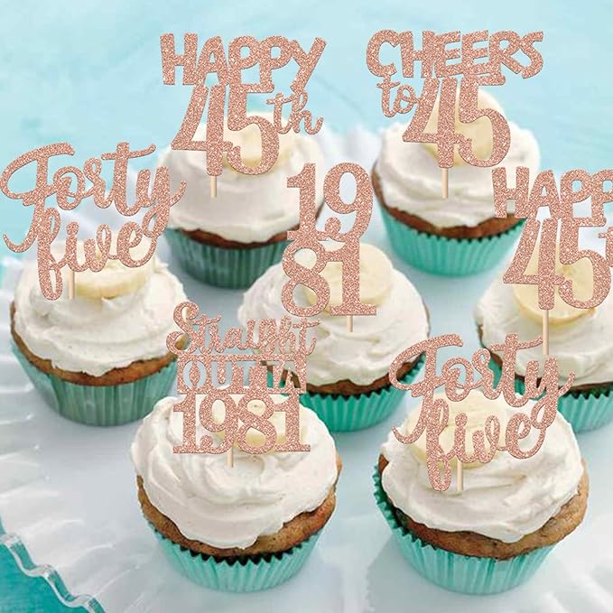 30PCS 45th Birthday Cupcake Toppers Glitter Forty Five Happy 45 Straight Outta 1981 Cupcake Picks for Cheers to 45 Years 45th Birthday Anniversary Party Cake Decorations Supplies Rose Gold