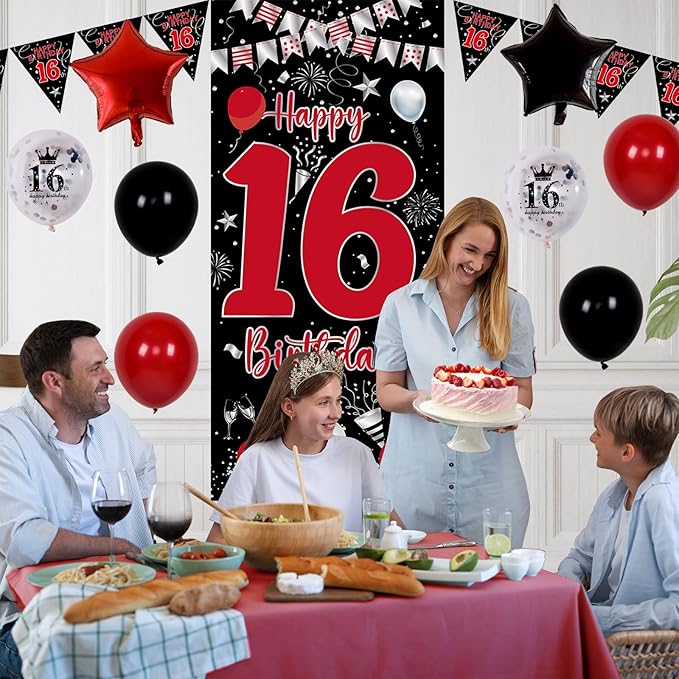 16th Birthday Decorations for Boys Girls, Red Black Happy 16th Birthday Boy Decorations Door Banner, Sweet 16 Birthday Party Balloons Decoration Large 16 Balloons Triangle Flag Decor for 16 Year Old