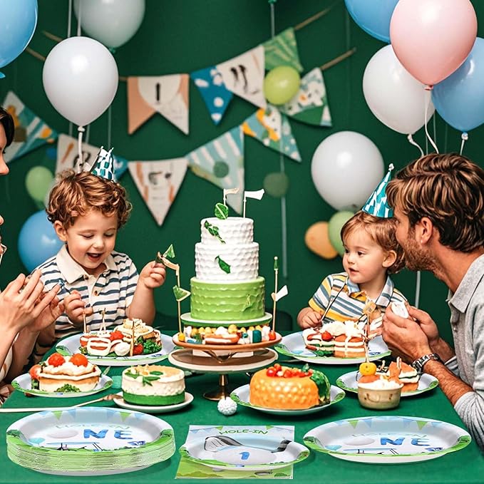 Grencian 96 Pcs Golf First Birthday Party Supplies Hole In One Plates and Napkins Forks Tableware Set for Kids Boys 1st Birthday Party Decorations Golf Ball Sport Game Club Serves 24