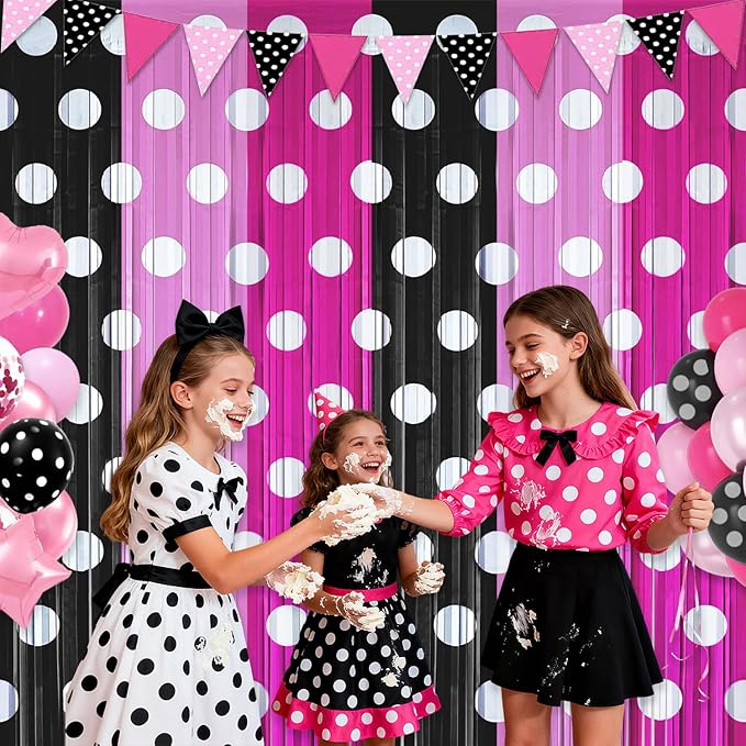Pink Black Foil Fringe Curtains Birthday Decorations, 2 Pack 3.2x6.6ft Mouse Color Tinsel Streamers Backdrop Baby Shower Cartoon Mouse Birthday Party Decorations Supplies