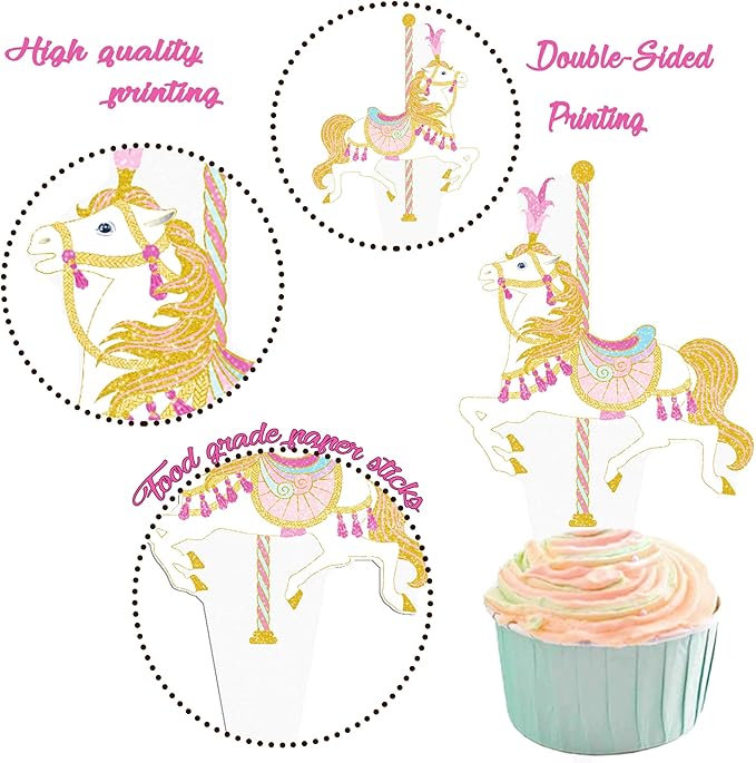 Carousel Horse Cupcake Toppers 48Pcs Carousel Horse Party Cake Decorations Carnival Carousel Horse Cupcake Picks Horse Birthday Party Supplies for Amusement Park Themed Baby Shower Decor