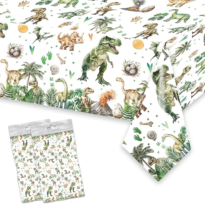 2 Pcs Dinosaur Plastic Party Tablecloths 54 x 108 Inch Green Watercolor Dinosaur Table Covers for Dino Theme Kids Boys Baby Shower 1st 2nd 3rd 4th Birthday Party Supplies Table Decorations Favors