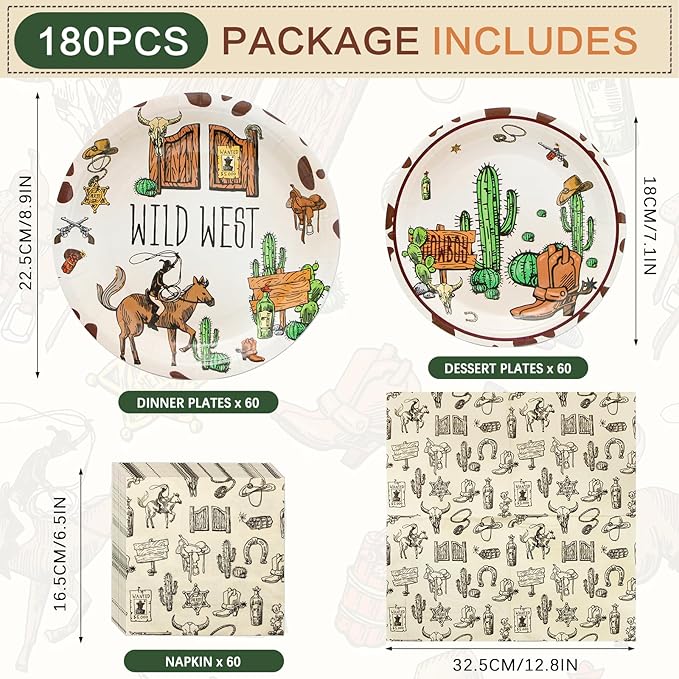 180PCS Cowboy Party Supplies Serve 60,Western Cowboy Birthday Paper Plates and Napkins Kit for Rodeo Birthday Baby Shower Party Decorations,Includes Dinner and Dessert Plates, Napkins