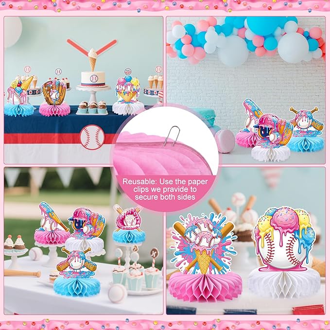 Faccito 10 Pcs Ice Cream Party Decorations 3D Ice Cream Drip Baseball Honeycomb Table Centerpieces Sport Themed Toppers for Summer Sport Birthday Party Supplies (Baseball)