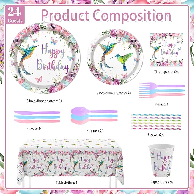 MEHOFOND Hummingbird Birthday Party Decorations, Bird Party Supplies, Spring Floral Watercolor Disposable Tableware Set 193Pcs Plates Napkins Plastic Tablecloth for Birthday Party