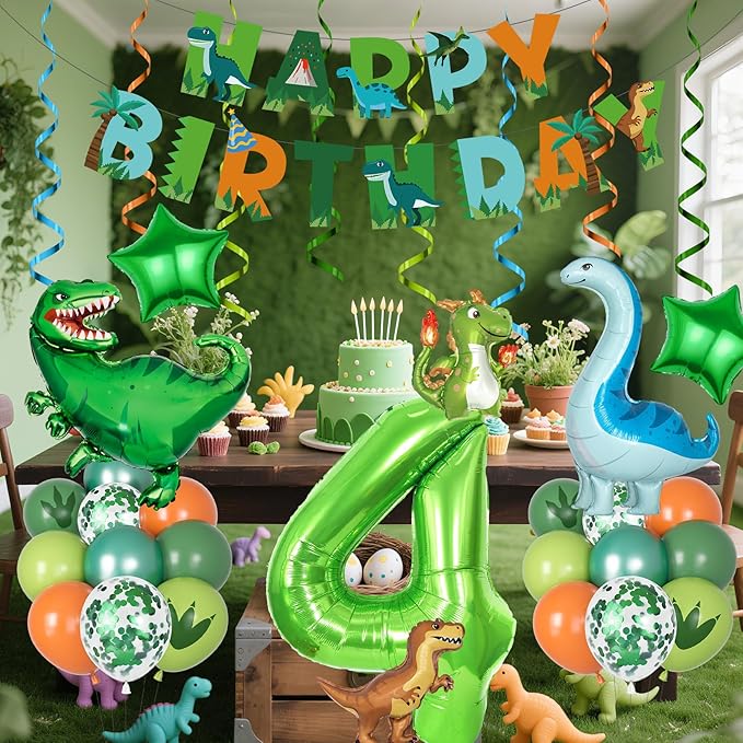 Amandir Dinosaur 4th Birthday Party Decorations for Boys Girls, Foil Green Star Number 4 Dinosaur Balloons with Happy Birthday Banner Hanging Swirls for Dino Baby Shower Kids Party Supplies