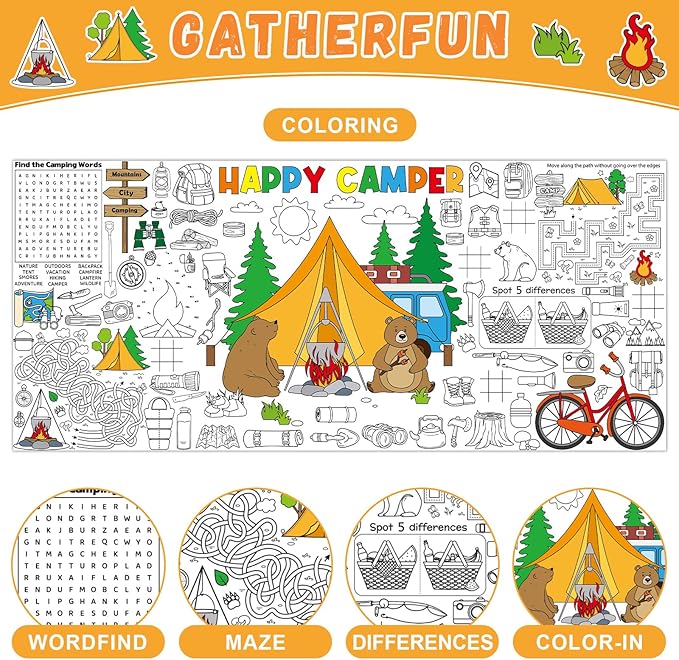 Naozinebi Camping Giant Coloring Poster for Kids Camper Summer Large Coloring Tablecloth Big Paper Sheets Page Camp Table Cloth DIY Activity Game Art Crafts Mat Wall Home Party Decoration Supplies