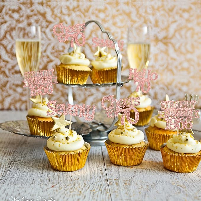 Ephlyn 24Pcs Happy 70th Birthday Cupcake Toppers Glitter Straight Outta 1956 Cupcake Picks Hello 70 Cheers to 70 Years Birthday Cake Decorations for 70th Birthday Anniversary Party Supplies Rose Gold