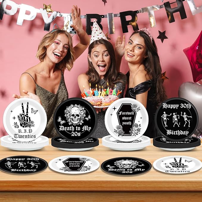 CHUNNIN 48Pcs Gothic Death to My 20s Party Paper Plates 30th Birthday Themed Party Supplies 7" Death to My Twenties Party Rip to My 20s Disposable Plates for 30th Birthday Party Decorations