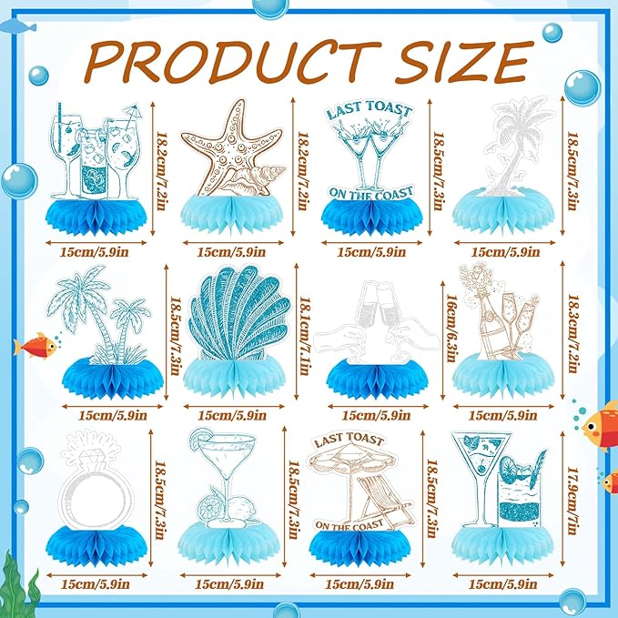 12 Pcs Last Toast on the Coast Party Decorations Coastal Bachelorette Honeycomb Table Centerpieces Blue Bachelorette Table Topper Decoration for Coast Party Favors Supplies