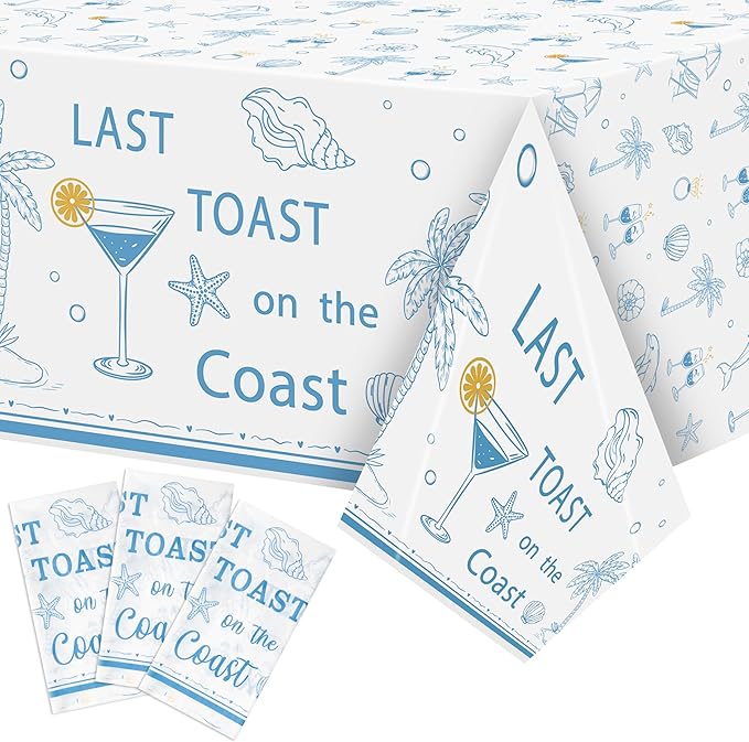 K1tpde 3PCS Last Toast On The Coast Bachelorette Party Tablecloth for Adult, Coastal Themed Blue Wine Cup Shell Starfish Plastic Tablecloth, Disposable Tablecover for Bachelorette Party Decorations
