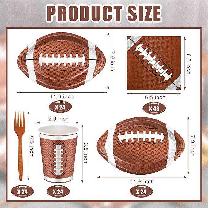 durony 144 Pieces Oval Football Theme Disposable Paper Plates Tableware Set Football Birthday Party Decorations with Plates Napkins Forks Cups Serve 24 for Sports Game Party Supplies, 11.6 x 7.9 Inch