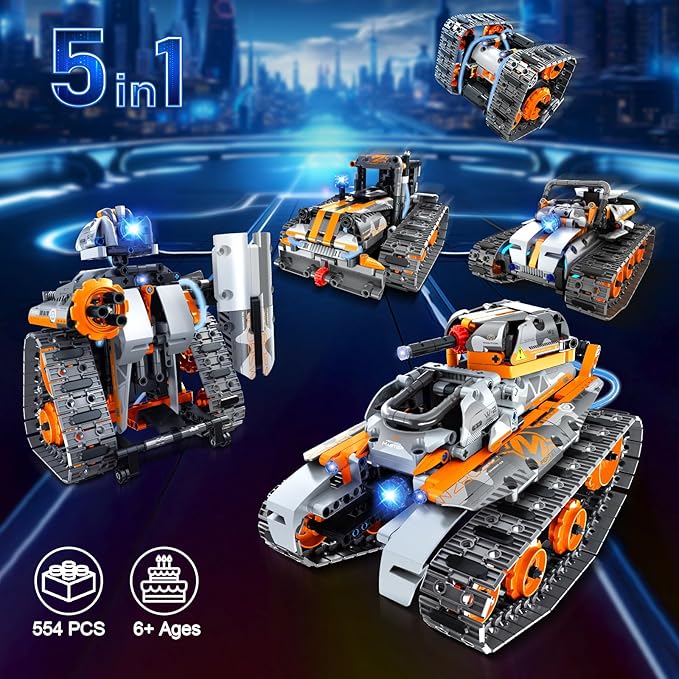 5 in 1 STEM Building Set with LED Light, APP & Remote Controlled Cars Building Toys Kit, RC Robot Tank Sleigh Tracked Racer 554 PCS, Toy Gifts for Kids Boys Girls Ages 6 7 8 9 10 11 12+ Year