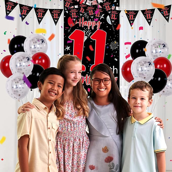 11th Birthday Decorations for Boys Girls, Happy 11th Birthday Decorations Boy, Red Black 11 Year Old Birthday Door Banner, Triangle Flag, Large Number 11 Balloons Bday Party Decor for 11 birthday