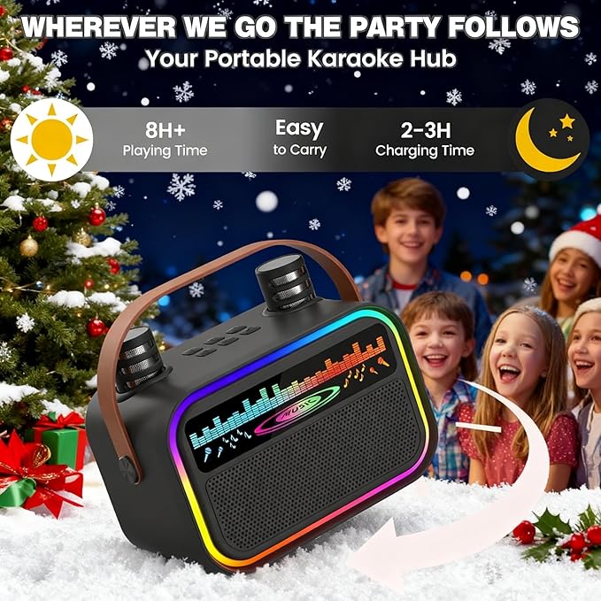 Mini Karaoke Machine Toys Gifts for Kids Girls Age 3-12+, Tnvee Portable Bluetooth Speaker with 2 Wireless Microphones, Funny Toddler Singing Karaoke for Birthday, Family, Home Party - Black
