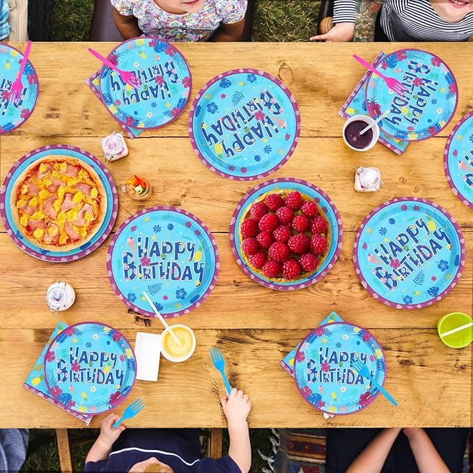 96Pcs Hawaiian Birthday Decorations Tropical Luau Blue Cartoon Plates and Napkins Tableware Sets Hawaii Hibiscus Party Decorations Favors for Summer Aloha Beach Pool Holiday Party Supplies Serves 24