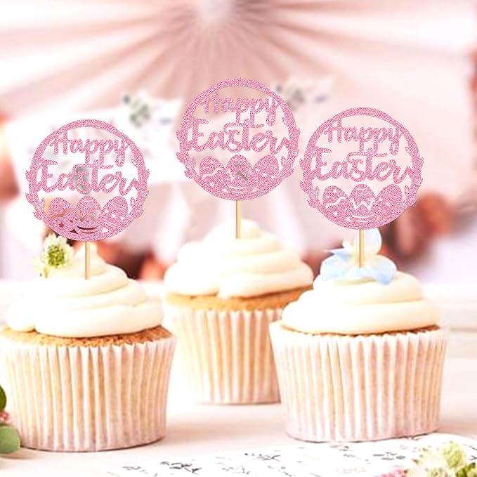Ercadio 24Pcs Happy Easter Cupcake Toppers Glitter Pink Happy Easter Eggs Cupcake Picks for Easter Day Theme Baby Shower Easter Birthday Wedding Anniversary Party Cupcake Decorations