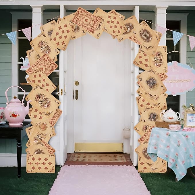 Preboun Wonderland Tea Party Decoration 6.56 x 4.9 ft Vintage Poker Cards Door Banner Wonderland Garland Photo Props Background for Birthday Baby Shower Tea Party Supplies
