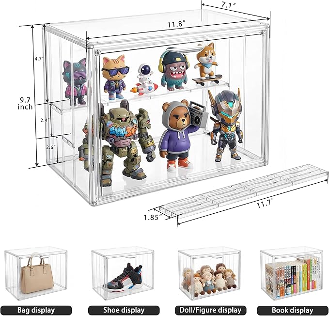 Clear Acrylic Display Case for Figures, 3 Layer Adjustable Acrylic Boxes for Display, Stackable Display Boxes for Collectibles, Action Figure Display Case for Shoe, Bread, Cosmetic, Handbag, 2 Pack