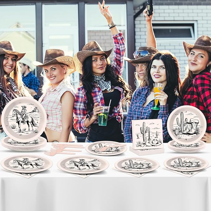 gisgfim 96Pcs Western Party Plates and Napkin Happy Cowgirl Party Supplies Wild West Tableware Dinnerware Set Western Themed Paper Dinner Dessert Plate Decoration Favors for 24 Guests