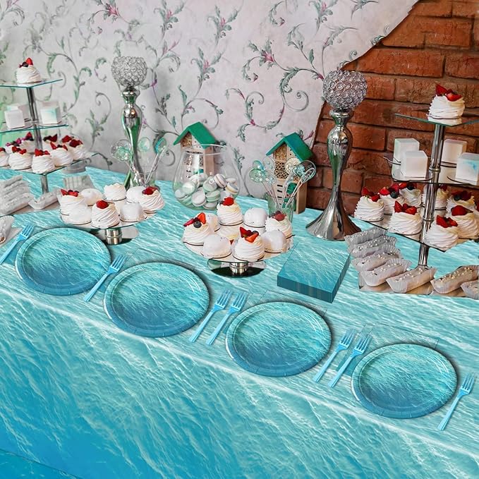 61 Pcs Ocean Sea Birthday Party Decorations Waves Themed Tableware Includes Blue Plates Napkins Forks Tablecloth Undersea Supplies for Hawaiian Summer Pool Beach Parties Baby Shower Serves 20 Guests