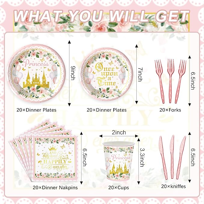 120PCS Princess Party Supplies for Girls Kids Baby Shower 1st Birthday Fairytale Castle Themed Party Decorations Once Upon A Time Tableware Set Plates Napkins Cups Set for 20 Guests