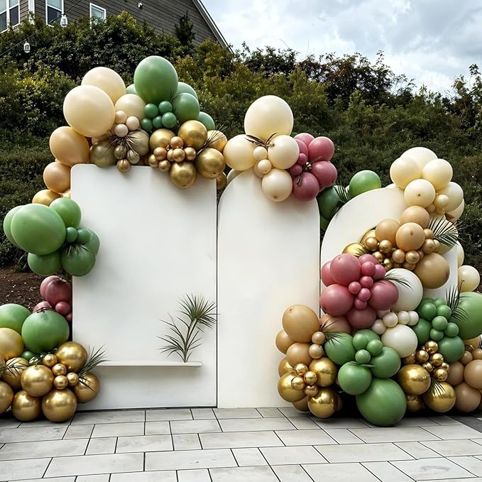 Pink and Green Balloon Arch Kit,122Pcs Sage Green Dusty Rose Red Macaron Pink Yellow Matte Balloons for Flower Birthday Bridal Wedding Engagement Baby Shower Anniversary Party Decorations