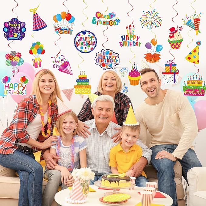 40Pcs Birthday Hanging Swirls, Colorful Cupcake Balloon Sign Swirl Decor Birthday Ceiling Decorations Happy Birthday Hanging Swirl Decorations for Baby Shower Birthday Party Supplies