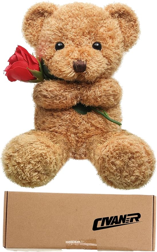 Civaner Bear Stuffed Animal Gift with Rose Funny Cute Bear Stuffed Animal Plush Gift for Mother Day Mom Birthday Wedding Christmas, 11.8 Inches(Beige)