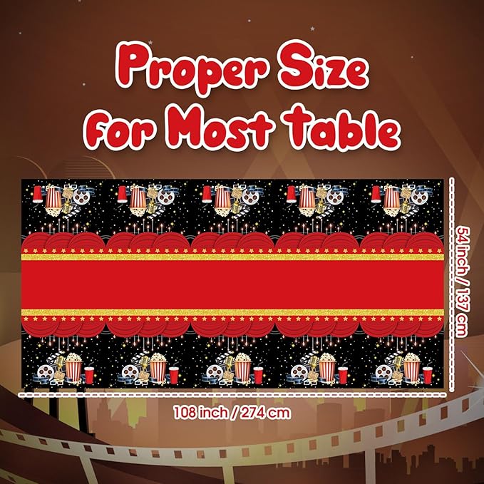 Buryeah 3 Pieces Movie Night Tablecloth Plastic Table Covers Movie Theater Table Cloth for Party Supplies Red Carpet Birthday Party Decor, 54 x 108 Inch