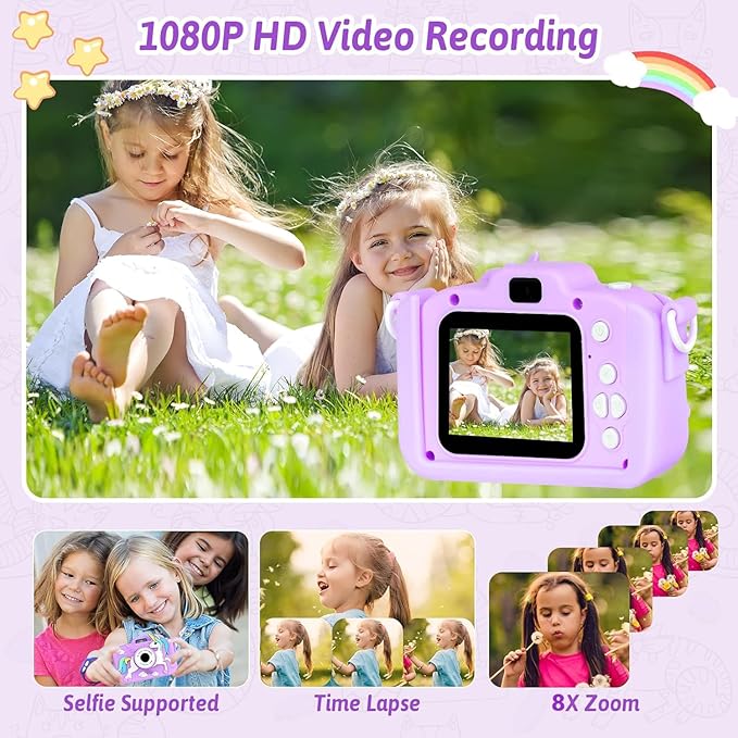 Unicorn Camera for Kids - Toddler Digital Selfie Camera with Silicone Cover, Flash and 32GB SD Card - Children Toy HD Video Kids Camera for Girls and Boys 3-12 Years - Purple