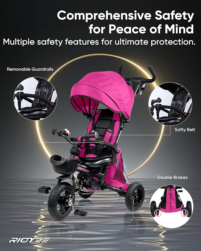 7-in-1 Folding Toddler Tricycle for 18 Months to 5 Years, Tricycle Stroller with Dual Brakes, All-Terrian Rubber Tire, Tricycle for Toddlers with Rotatable Seat, Adjustable Push Handle, Pink