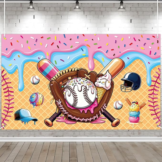 Ice Cream Drip Baseball Party Decoration Baseball Ice Cream Theme Banner Sport Party Hanging Photo Booth Supplies Sport Birthday Parties Background banner for Kids Teenager Holiday Christmas Supplies
