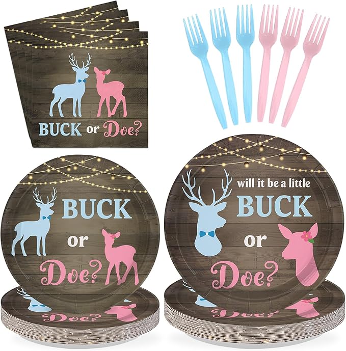 96Pcs Buck or Doe Gender Reveal Party Decorations Rustic Wood Themed Plates and Napkins Blue Pink Deer Disposable Paper Tableware Set for Boy or Girl Gender Reveal Party Supplies Serves 24