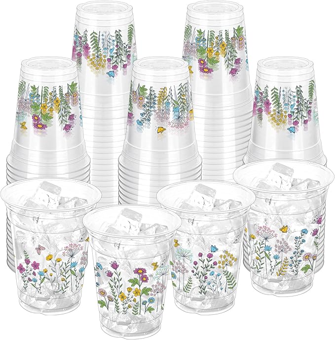 100 Pcs Wildflower Plastic Cups 12 oz Floral Party Cups Vintage Floral Drinking Cup Flower Spring Summer Disposable Cup for Spring Groovy Party Wildflower Baby Shower Birthday Supplies
