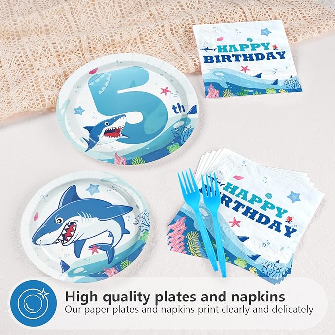 96Pcs Shark 5th Birthday Party Supplies Blue Ocean Shark Plates and Napkins Under The Sea Tableware Set for Kids 5 Years Old Blue Ocean Theme Birthday Party Supplies，Serves 24