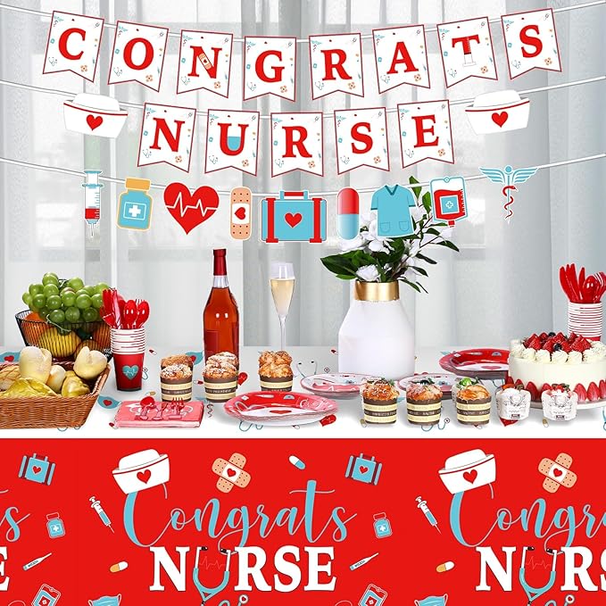Zubebe 173 Pcs Nurse Graduation Party Supplies 2026 Serve 24 Guests Congrats Nurse Banner Dinner Dessert Plates Cups Napkins Tablecloth Medical Birthday Party Tableware Set for Rn Doctor Graduation