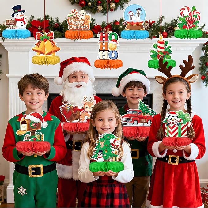 Christmas Party Decorations: Festive Christmas Honeycomb Centerpieces, Santa & Snowman Table Toppers - for Classroom, Winter Birthdays & Holiday Party Supplies
