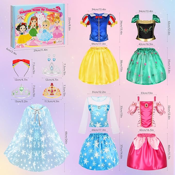 VGOFUN Princess Dress Up Clothes for Little Girls - Princess Dresses for Girls with Princess Toys Dress Up Costume Pretend Play Outfit Toddler Gifts for Christmas Birthday Halloween Aged 3-6