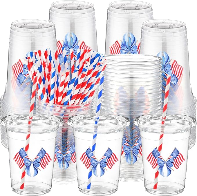 50 Pcs 16 oz 4th of July Cups Bulk Patriotic Party Favors Plastic Tumblers Red White and Blue Independence Day Disposable Party Supplies USA Memorial Drinking Cups for Coffee Juice Beverage