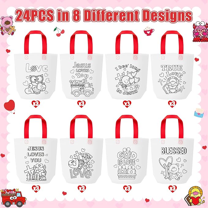 Valentine's Day Cartoon Coloring Goodie Bag for Kids - 24Pcs Christian Bulk Color Your Own Gift Bag with Handle Religious Reusable Coloring Non Woven Tote Bag for Valentine Party DIY Painting Craft