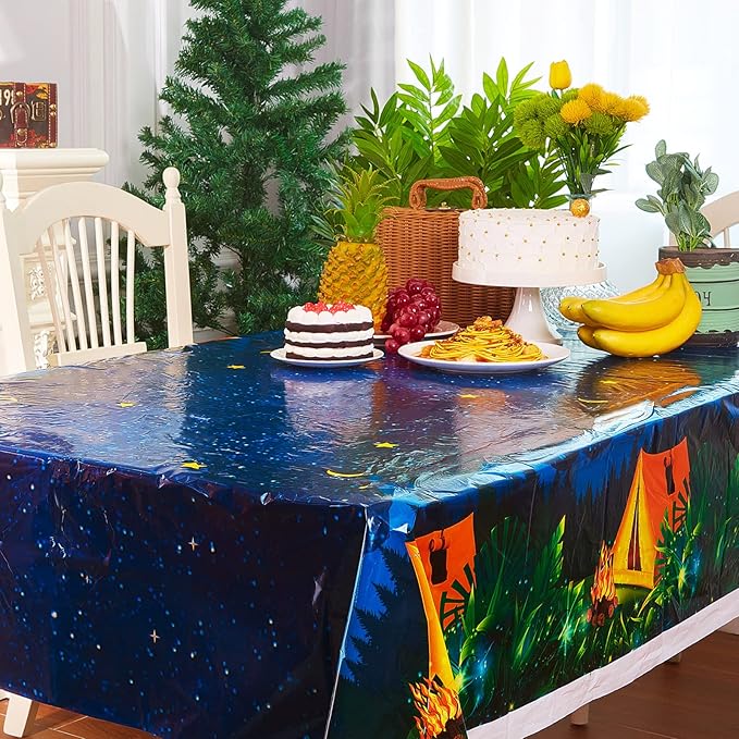 Chinco 5 Pieces Camping Tablecloth Party Decorations Campfire Plastic Rectangular Table Cover Camp Birthday Party Supplies Picnic Hiking Adventure Supplies