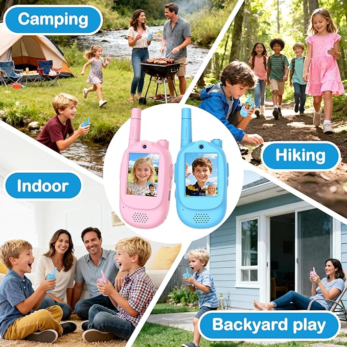 Video Walkie Talkies for Kids, 2 Pack Rechargeable Real-Time Video Chat & Voice Changer Walkies Talkies with Watch Straps, Long Range Family Games, Outside, Gifts for Boys Girls Ages 3-12 Blue&Pink
