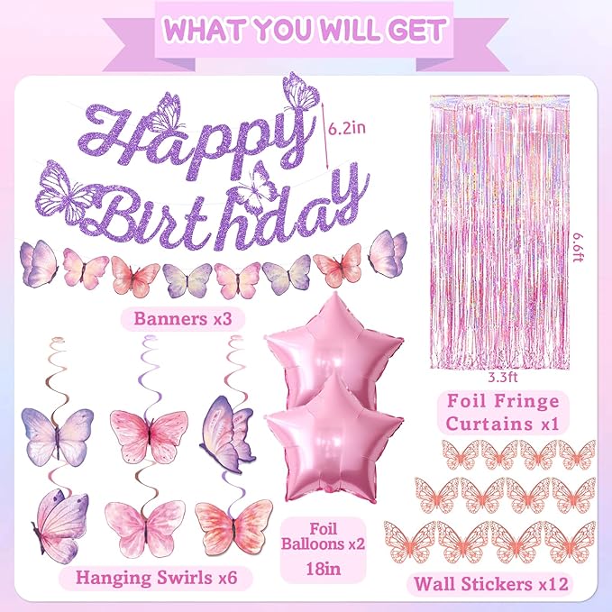 33Pcs Purple Happy Birthday Decorations for Women, Butterflies Birthday Decorations Purple Butterfly Decorations with Banner Hanging Swirl for Women Girl Butterfly Theme Party Supplies
