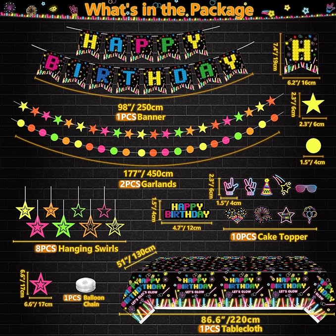 241 PCS Glow Neon Party Supplies Neon Glow Tableware Set Neon Balloon Glow in the Dark Birthday Banner Hanging Star Cake Toppers for Blacklight Party Decoration Serves 20 (Glow Set A)
