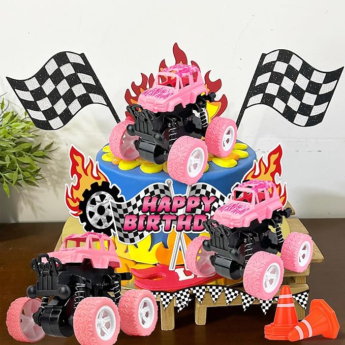 20PCS Pink Truck Cake Decoration 3 Off-road Vehicle Cake Top Decoration Deep Pink Peach Black Balls Truck Themed Party Supplies