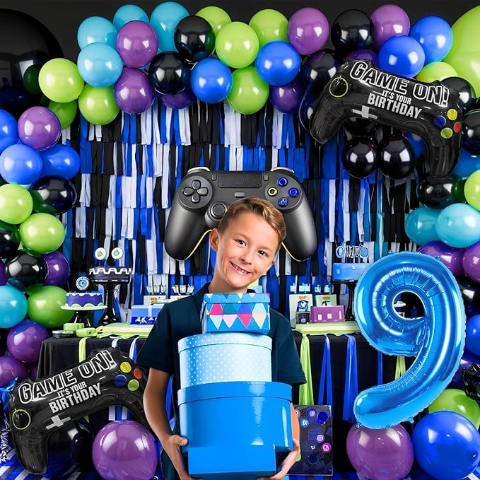 9th Birthday Video Game Balloons Arch, 9th Party Balloons Garland Kit 9th Game Birthday Supplies with Blue Number 9 Balloon Game Foil Balloons for 9 Year Old Teens Boys Decor