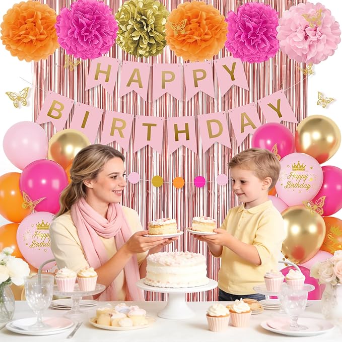 Hot Pink Orange Birthday Decorations for Women Girls, Peach Burnt Gold Metallic Confetti Printed Balloons Butterfly Stickers Fringe Curtain Happy Birthday Banner Circle Dot Paper Pompom Party Supplies