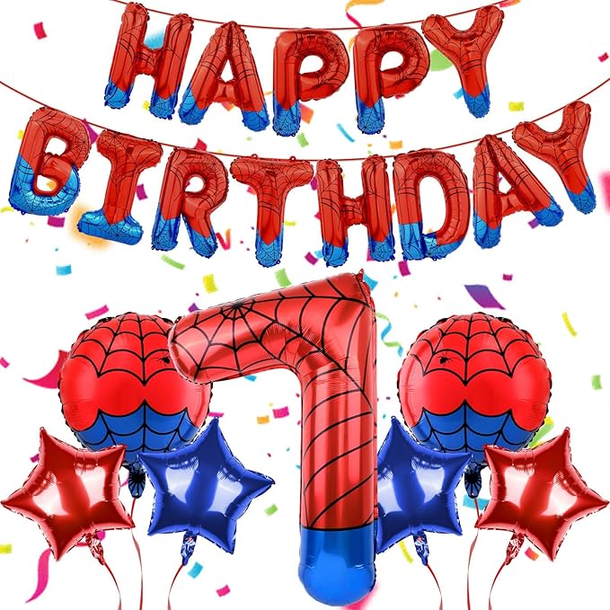 Spider Themed Happy Birthday Banner Party Decorations Set Including 40 Inch Number 7 Foil Balloons, Themed Party Essentials, Colorful Superhero Backdrop Supplies for Boys Indoor Outdoor Celebration